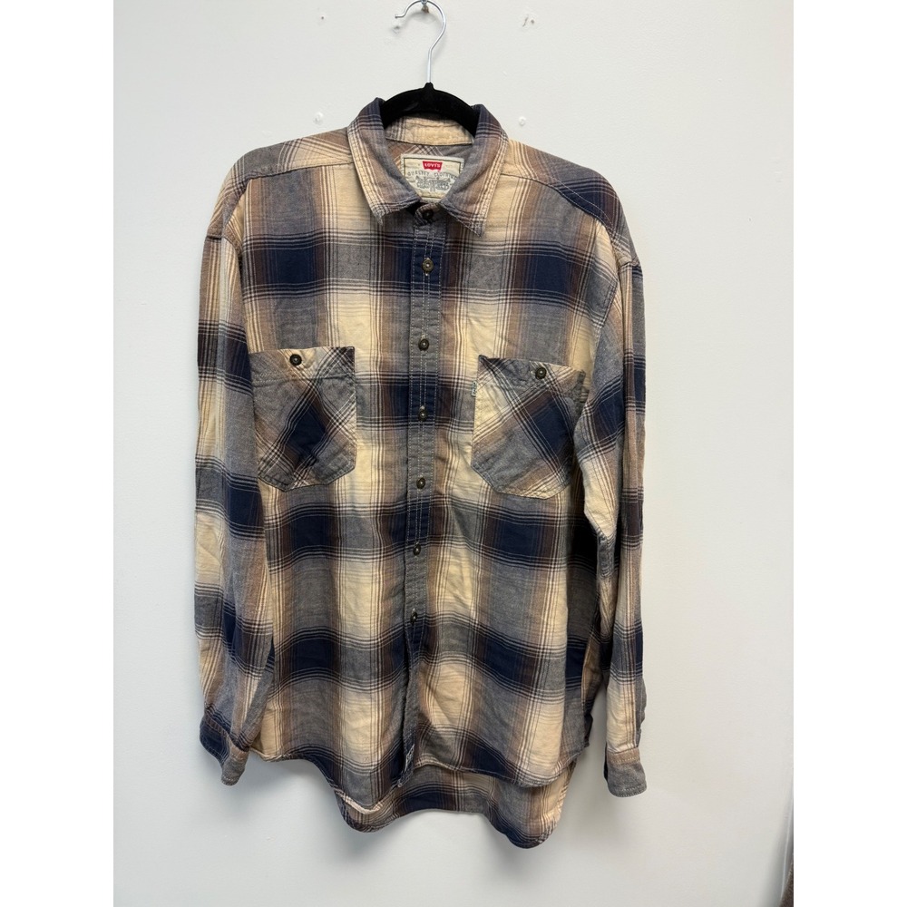 Vintage Levis Mens Plaid Flannel Button Down Shirt Blue/Tan Two Pocket L